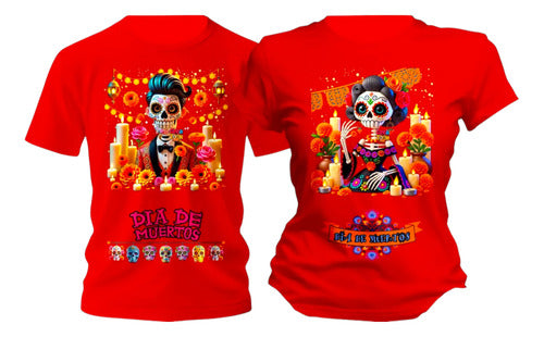 Playera Duo Dia De Muertos Catrines Flores Pareja Conjunto