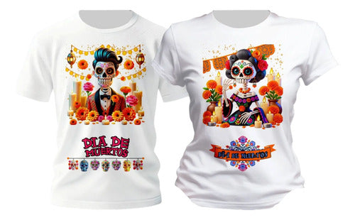 Playera Duo Dia De Muertos Catrines Flores Pareja Conjunto