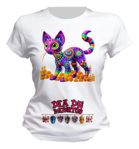 Playera Gatito Día De Muertos Alebrije Halloween Gato
