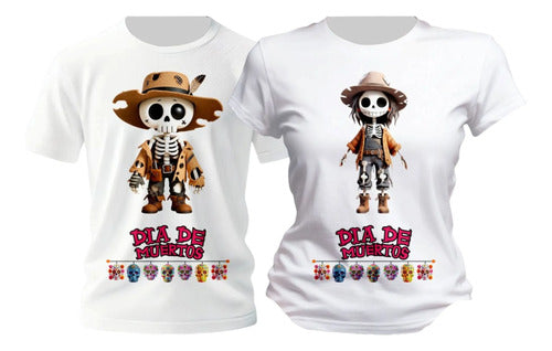Duo Playera Dia De Muertos Esqueletos Espantapajaros Duo