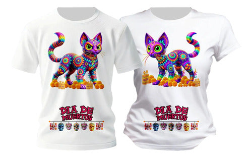 Dúo Playeras Día De Muertos Gatos De Colores Personaliza