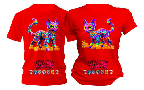 Dúo Playeras Día De Muertos Gatos De Colores Personaliza