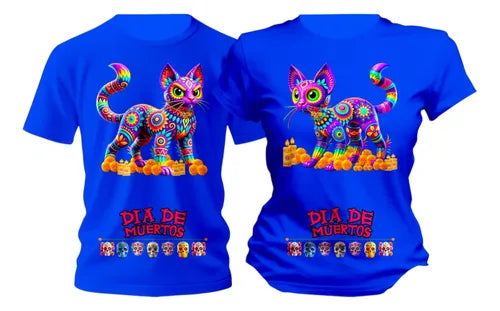 Dúo Playeras Día De Muertos Gatos De Colores Personaliza