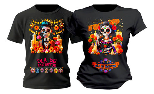 Playera Duo Dia De Muertos Catrines Flores Pareja Conjunto