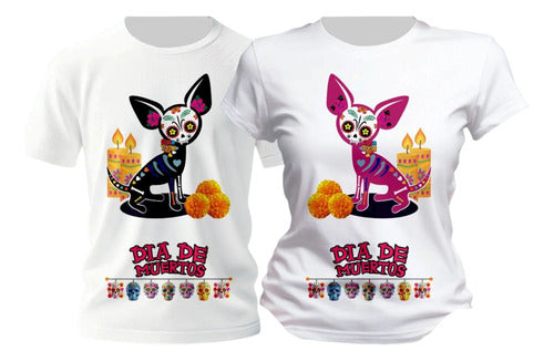 Dúo Playeras Día De Muertos Perritos Chihuahua Personaliza