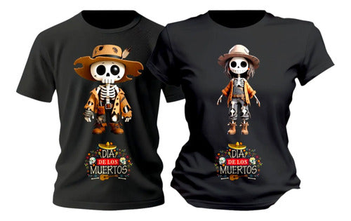 Duo Playera Dia De Muertos Esqueletos Espantapajaros Duo