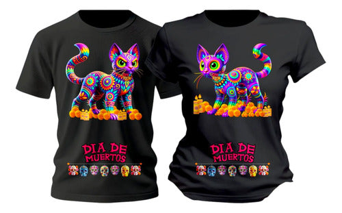 Dúo Playeras Día De Muertos Gatos De Colores Personaliza