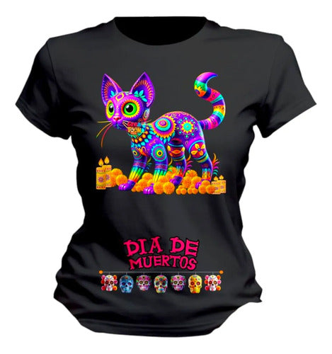 Playera Gatito Día De Muertos Alebrije Halloween Gato